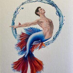 Hand-drawn colored pencil illustration of a Betta fish merman. The artwork features a detailed male torso and flowing blue and red fins, encased in a circular water splash on a white background. Titled: The Solitary Prince."