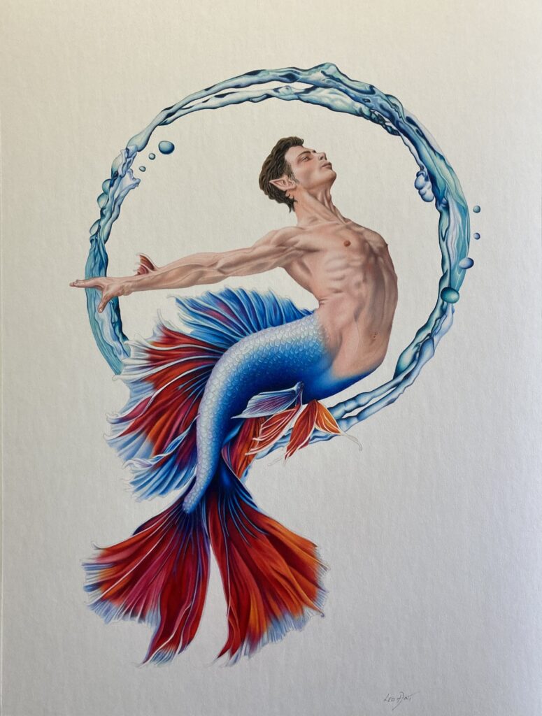 Hand-drawn colored pencil illustration of a Betta fish merman. The artwork features a detailed male torso and flowing blue and red fins, encased in a circular water splash on a white background. Titled: The Solitary Prince."