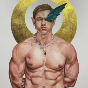 ) "Surreal watercolor portrait titled 'Metanoia' featuring a muscular male figure with a golden halo and teal feathers over one eye. Fine art painting exploring themes of mental freedom, intuition, and spiritual understanding. High-detail anatomical study with gold leaf accents