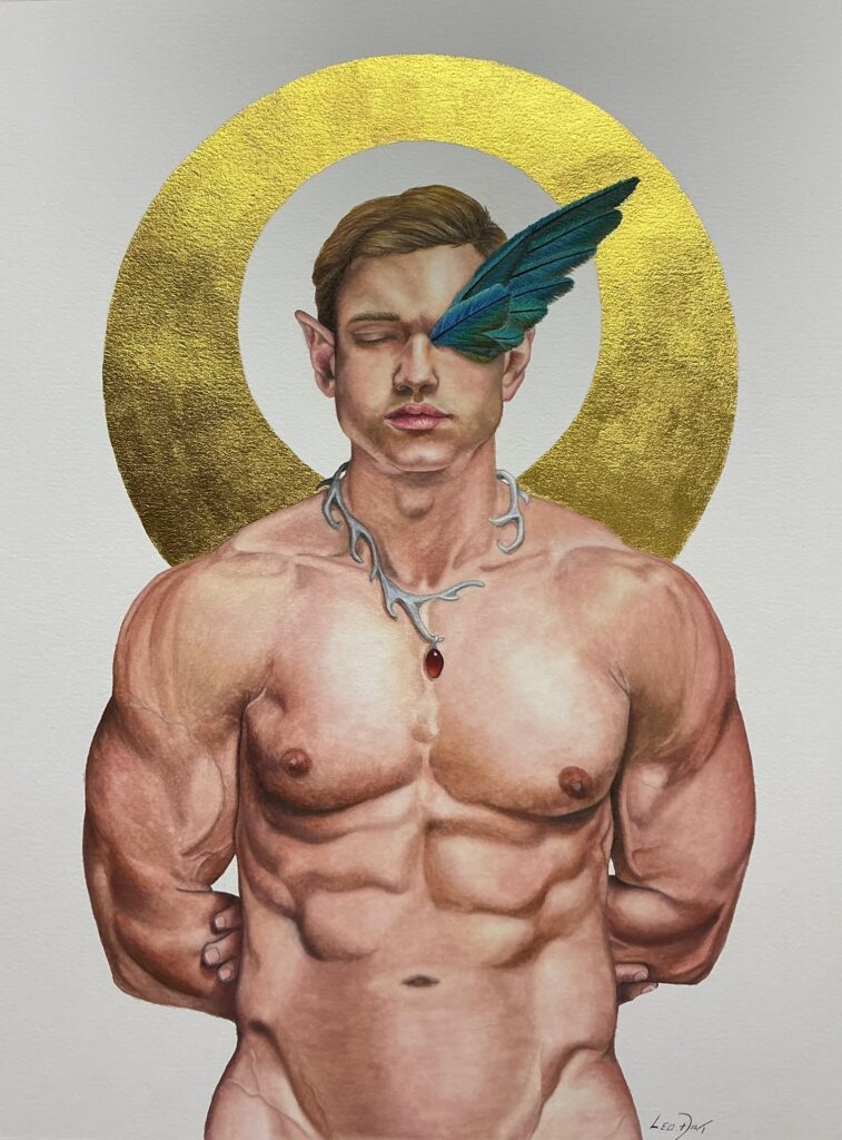 ) "Surreal watercolor portrait titled 'Metanoia' featuring a muscular male figure with a golden halo and teal feathers over one eye. Fine art painting exploring themes of mental freedom, intuition, and spiritual understanding. High-detail anatomical study with gold leaf accents