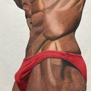 Striking painting of a black male muscular torso in vivid red speedo, which is the focal point, inviting the viewer to evoke all kind of sensual feelings and emotions, as red is the color of love, passion and lust.