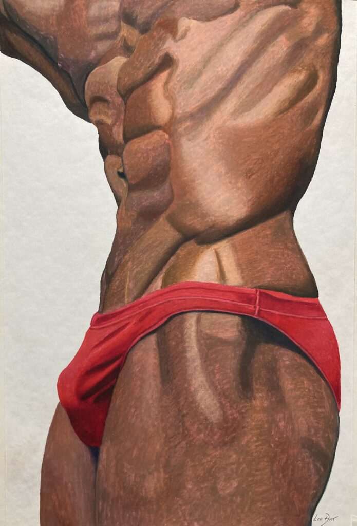 Striking painting of a black male muscular torso in vivid red speedo, which is the focal point, inviting the viewer to evoke all kind of sensual feelings and emotions, as red is the color of love, passion and lust.