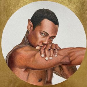 "Realistic painting of a man with otherworldly features, including pointed ears, shielding himself. The prominent gold background and circular focus suggest reverence or an iconic status for the subject.