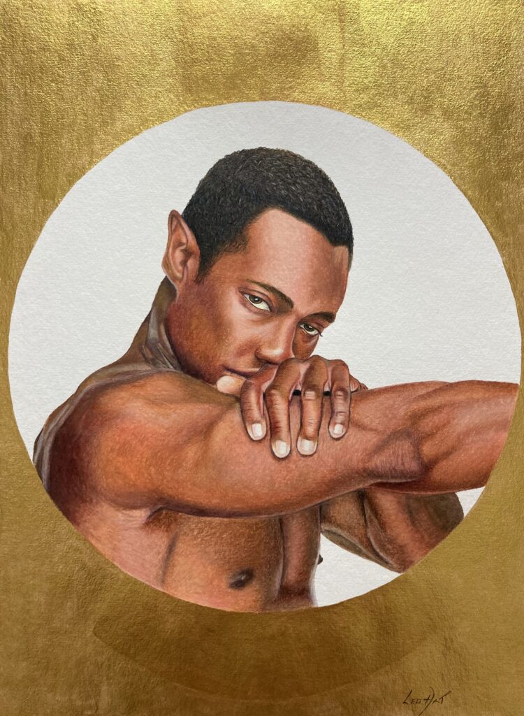 "Realistic painting of a man with otherworldly features, including pointed ears, shielding himself. The prominent gold background and circular focus suggest reverence or an iconic status for the subject.