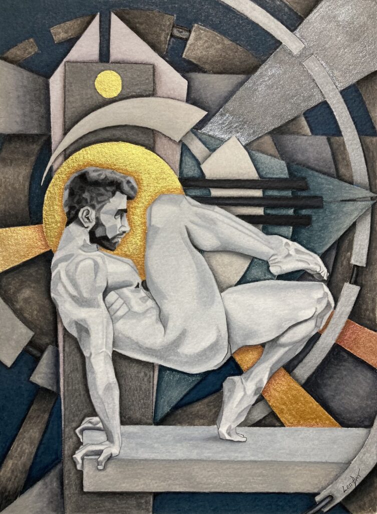 Watercolor pencils painting of an engraved like stone, with a series of geometrical elements that represent some kind of machinery in the way of intricate gear creating a background for a muscular male naked figure in a theatrical gymnastic position. It captures the exact moment before such machinery starts to work and open maybe a portal to other dimension.