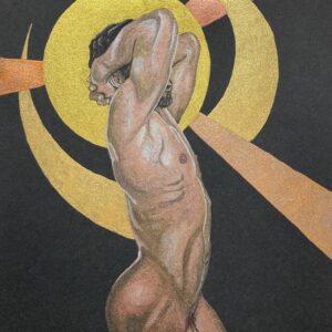 "An original watercolor painting on black paper featuring a detailed male figure shown from the waist up, with arms raised behind his head in a tense, emotional pose. The figure is painted with shimmering metallic skin tones and is framed by a brilliant, metallic gold circular halo and overlapping crescent moons. Broad diagonal rays of metallic copper extend from behind the central figure, creating a high-contrast, luminous celestial design against the solid black background."