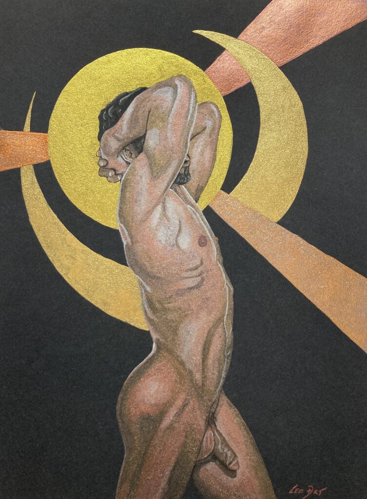 "An original watercolor painting on black paper featuring a detailed male figure shown from the waist up, with arms raised behind his head in a tense, emotional pose. The figure is painted with shimmering metallic skin tones and is framed by a brilliant, metallic gold circular halo and overlapping crescent moons. Broad diagonal rays of metallic copper extend from behind the central figure, creating a high-contrast, luminous celestial design against the solid black background."